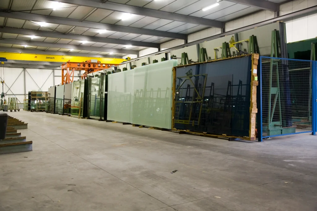 grote glasplaten in fabriek.
