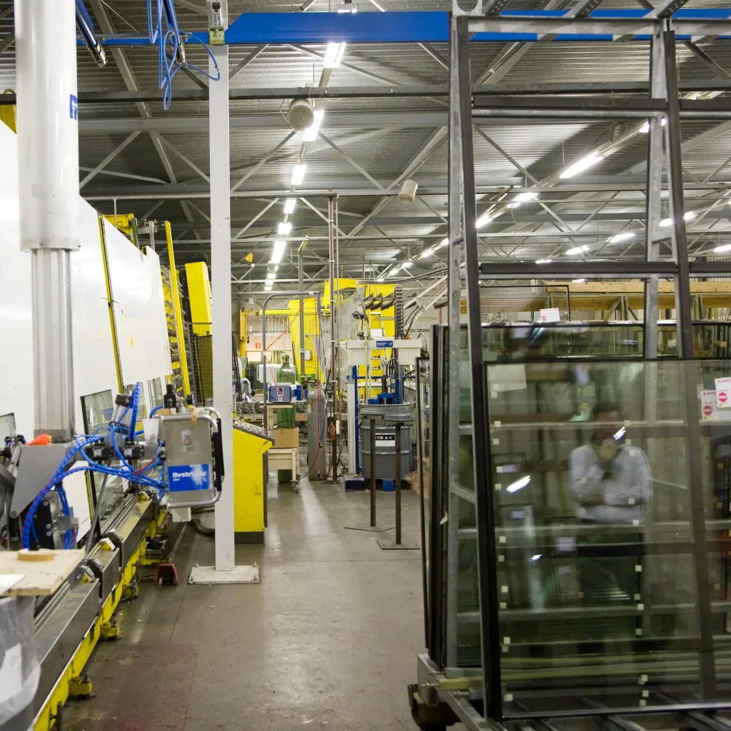 glasplaten in fabriek.